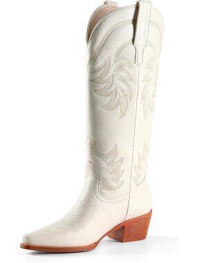 Women's Bone White Embroidered Knee High Block Heel Pointed Toe Cowgirl Boot